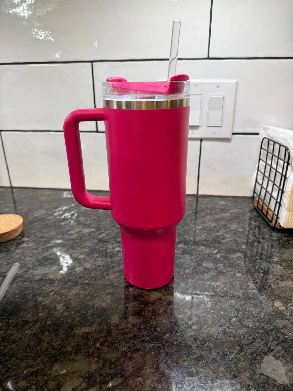 Stanley Hot Pink Travel Mug with Handle and Straw - Picture 2 of 2